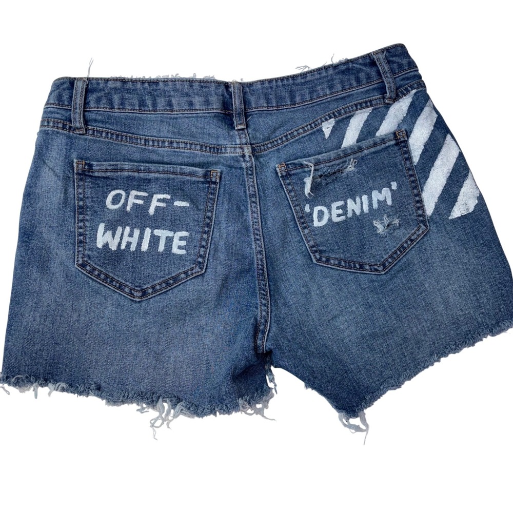 Off-White Denim‎ Shorts Distressed Ripped Raw Hem Painted Design Women's Small